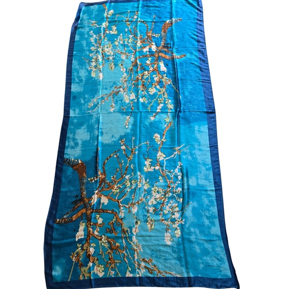 Van Gogh Almond Blossom Silk Scarf Blue Floral Art Wrap Luxury Gift main image 5